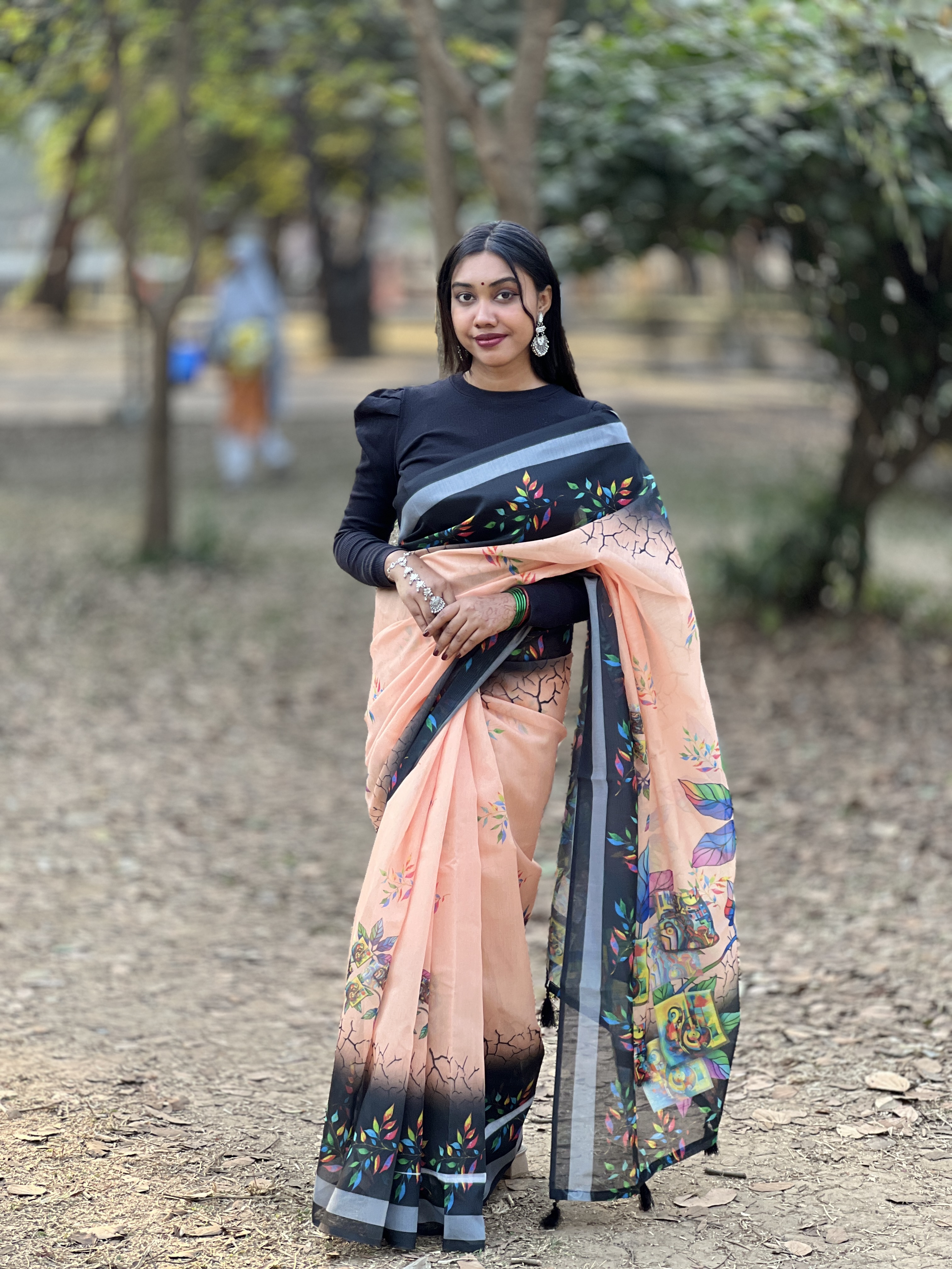 পিচ ব্লসম আর্ট প্রিন্ট শাড়ি